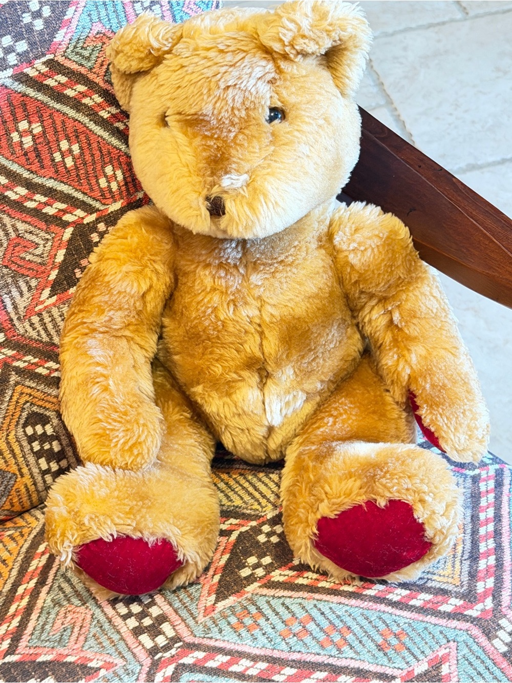 Classic Plush Teddy Bear - Golden with Red Paw Pads. Vintage.